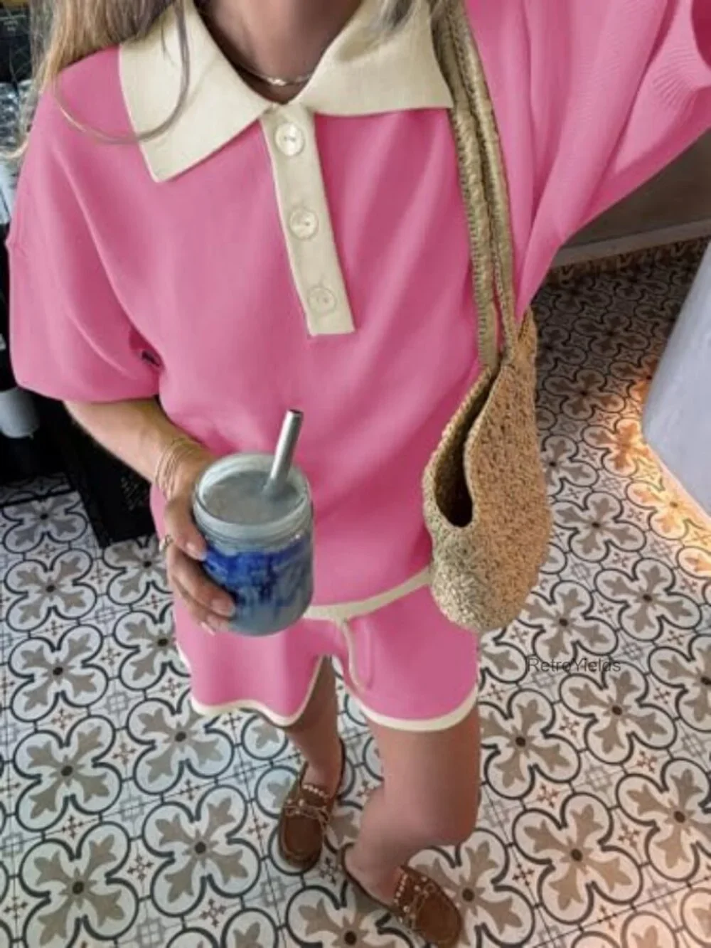 2 Piece Knit Short Set Short Sleeve Collared Top Matching Lounge Outfit
